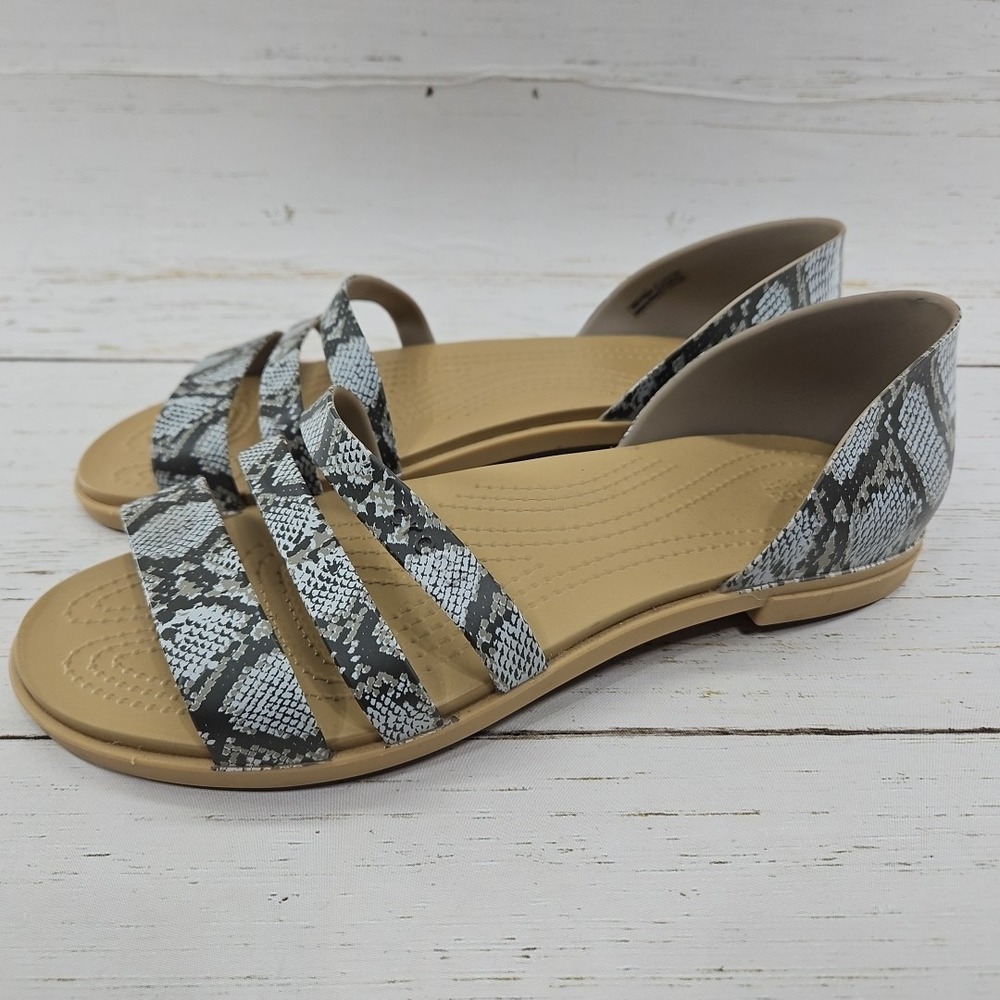Crocs Tulum Womens 10 Sandals Gray Snake Skin Open Toe Strappy Slip On 206109